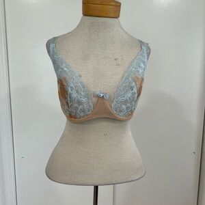 MILAVITSA Sexy Lace Baby Blue & Gold Soft Cups with Underwire, Bow, Sheer Nylon